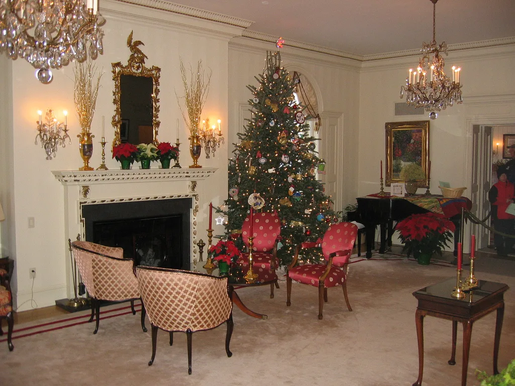 Feestelijk ingerichte woonkamer met kerstboom en open haard